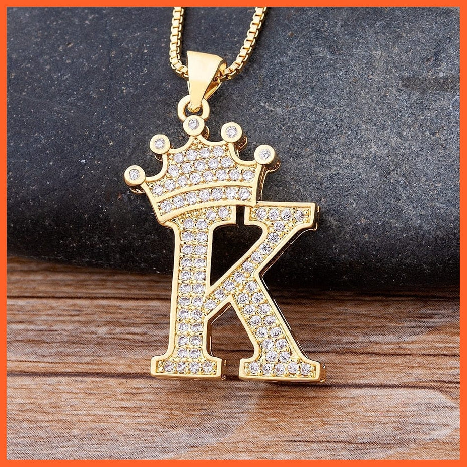 Luxury 26 Letters With Crown Cubic Zircon Pendant Necklace For Women | Gold Color Initials Of Name Necklace | whatagift.com.au.