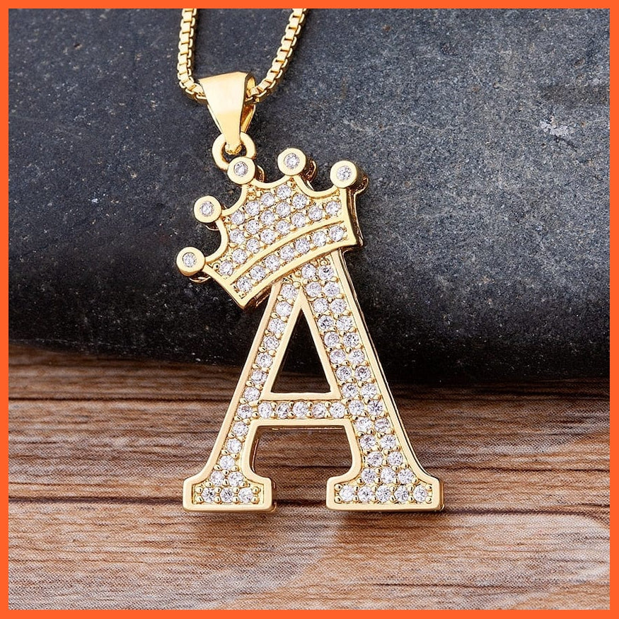 Luxury 26 Letters With Crown Cubic Zircon Pendant Necklace For Women | Gold Color Initials Of Name Necklace | whatagift.com.au.