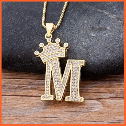 Luxury 26 Letters With Crown Cubic Zircon Pendant Necklace For Women | Gold Color Initials Of Name Necklace | whatagift.com.au.
