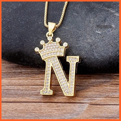 Luxury 26 Letters With Crown Cubic Zircon Pendant Necklace For Women | Gold Color Initials Of Name Necklace | whatagift.com.au.