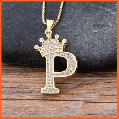 Luxury 26 Letters With Crown Cubic Zircon Pendant Necklace For Women | Gold Color Initials Of Name Necklace | whatagift.com.au.