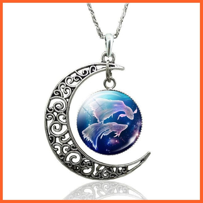 12 Constellation Zodiac Sign In Cabochon Glass With Crescent Moon Necklace | whatagift.com.au.