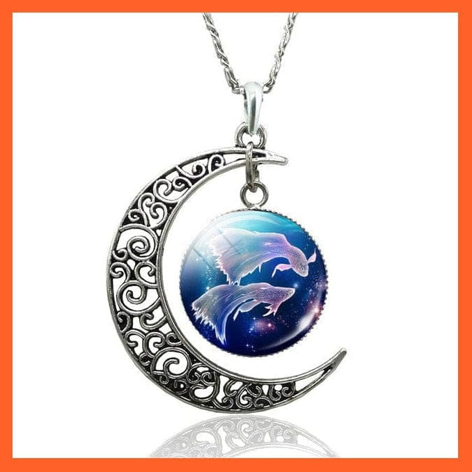 whatagift.com.au necklace Pisces-style 1 / 47cm 12 Constellation Zodiac Sign In Cabochon Glass With Crescent Moon Necklace