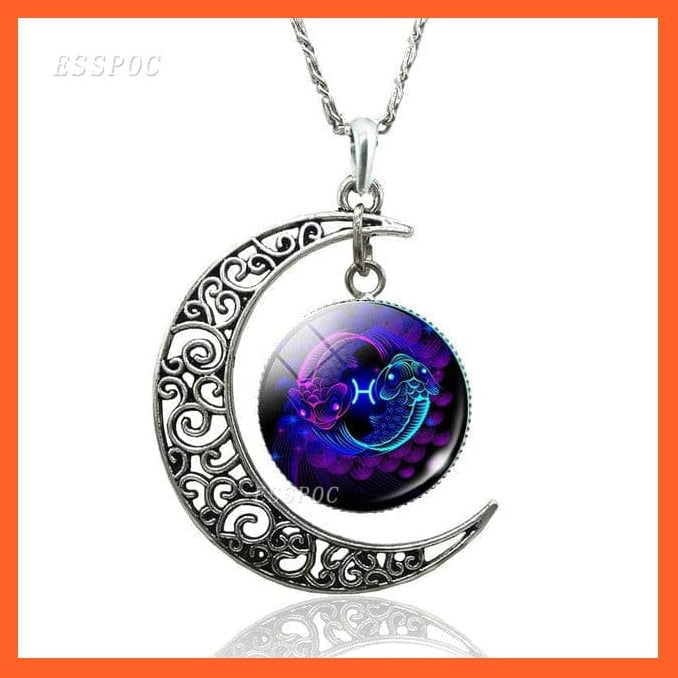whatagift.com.au necklace Pisces-style 2 / 47cm Copy of 12 Constellation Zodiac Sign In Cabochon Glass With Crescent Moon Necklace