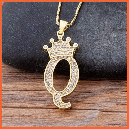Luxury 26 Letters With Crown Cubic Zircon Pendant Necklace For Women | Gold Color Initials Of Name Necklace | whatagift.com.au.