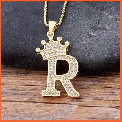 Luxury 26 Letters With Crown Cubic Zircon Pendant Necklace For Women | Gold Color Initials Of Name Necklace | whatagift.com.au.
