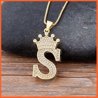 Luxury 26 Letters With Crown Cubic Zircon Pendant Necklace For Women | Gold Color Initials Of Name Necklace | whatagift.com.au.