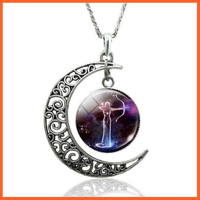 12 Constellation Zodiac Sign In Cabochon Glass With Crescent Moon Necklace | whatagift.com.au.