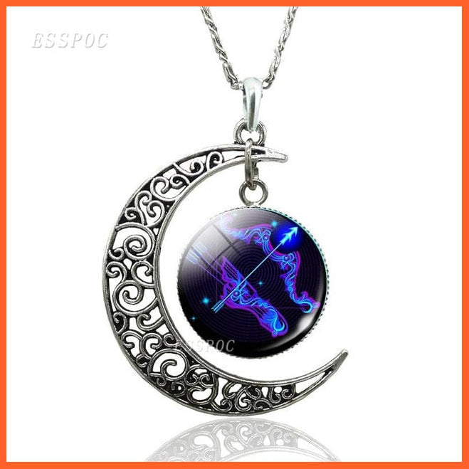 12 Constellation Zodiac Sign In Cabochon Glass With Crescent Moon Necklace | whatagift.com.au.