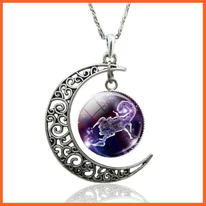 12 Constellation Zodiac Sign In Cabochon Glass With Crescent Moon Necklace | whatagift.com.au.