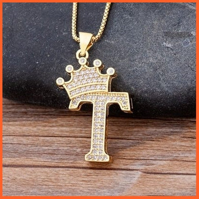 Luxury 26 Letters With Crown Cubic Zircon Pendant Necklace For Women | Gold Color Initials Of Name Necklace | whatagift.com.au.