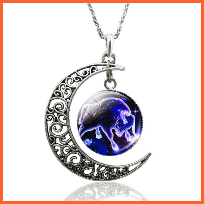 12 Constellation Zodiac Sign In Cabochon Glass With Crescent Moon Necklace | whatagift.com.au.