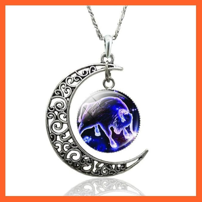 whatagift.com.au necklace Taurus-style 1 / 47cm 12 Constellation Zodiac Sign In Cabochon Glass With Crescent Moon Necklace