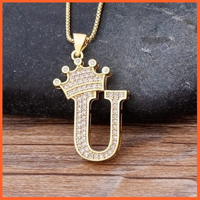 Luxury 26 Letters With Crown Cubic Zircon Pendant Necklace For Women | Gold Color Initials Of Name Necklace | whatagift.com.au.