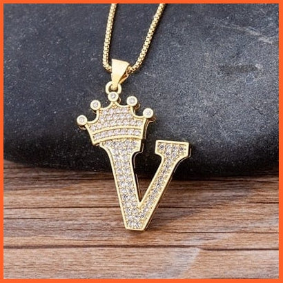 Luxury 26 Letters With Crown Cubic Zircon Pendant Necklace For Women | Gold Color Initials Of Name Necklace | whatagift.com.au.