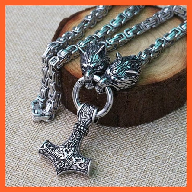 whatagift.com.au necklace Viking Wolf Head With Thor'S Hammer Mjolnir Alloy Pendant Necklace