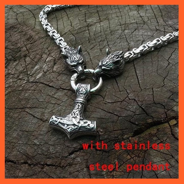 whatagift.com.au necklace Viking Wolf Head With Thor'S Hammer Mjolnir Alloy Pendant Necklace