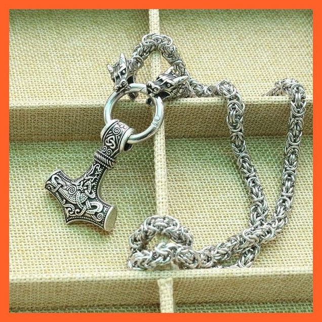 whatagift.com.au necklace Viking Wolf Head With Thor'S Hammer Mjolnir Alloy Pendant Necklace