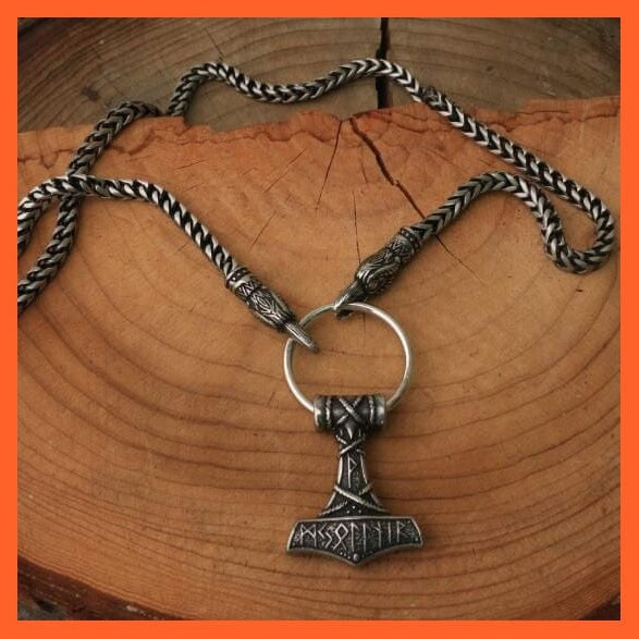 whatagift.com.au necklace Viking Wolf Head With Thor'S Hammer Mjolnir Alloy Pendant Necklace