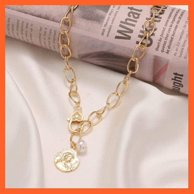 whatagift.com.au necklace Vintage Multi Layered Gold Color Lock, Pearl, Round Coin Pendants Necklaces For Women