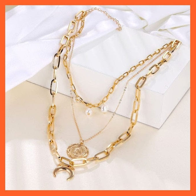 whatagift.com.au necklace Vintage Multi Layered Gold Color Lock, Pearl, Round Coin Pendants Necklaces For Women