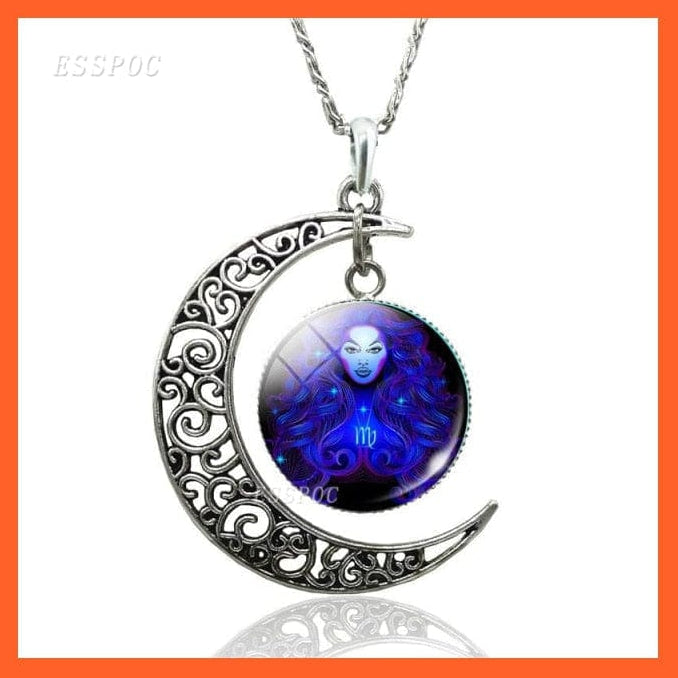 whatagift.com.au necklace Virgo-style 2 / 47cm 12 Constellation Zodiac Sign In Cabochon Glass With Crescent Moon Necklace