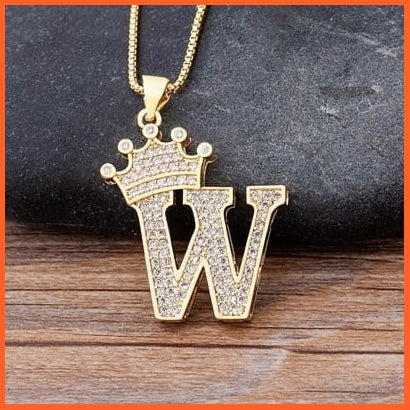 Luxury 26 Letters With Crown Cubic Zircon Pendant Necklace For Women | Gold Color Initials Of Name Necklace | whatagift.com.au.