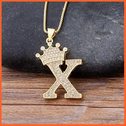 Luxury 26 Letters With Crown Cubic Zircon Pendant Necklace For Women | Gold Color Initials Of Name Necklace | whatagift.com.au.