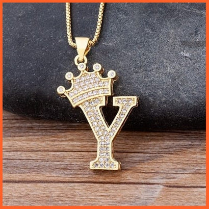 Luxury 26 Letters With Crown Cubic Zircon Pendant Necklace For Women | Gold Color Initials Of Name Necklace | whatagift.com.au.