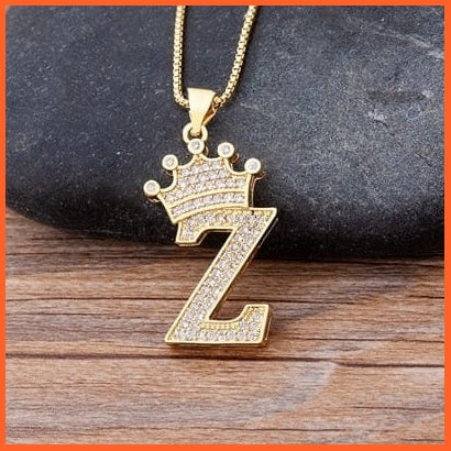 Luxury 26 Letters With Crown Cubic Zircon Pendant Necklace For Women | Gold Color Initials Of Name Necklace | whatagift.com.au.