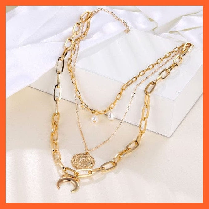 whatagift.com.au necklace ZO0061465 Vintage Multi Layered Gold Color Lock, Pearl, Round Coin Pendants Necklaces For Women