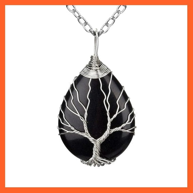 whatagift.com.au Necklaces Black Onyx-B Silver Color Wire Wrap Natural Stone Crystal Raw Tree Of Life Necklace