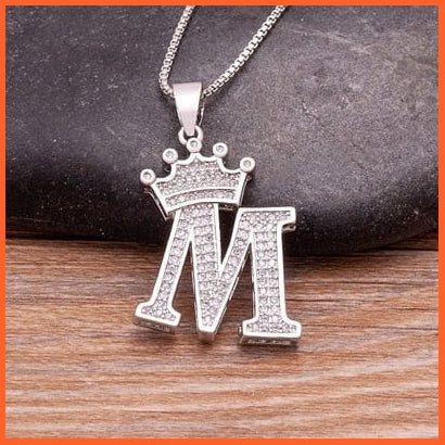 Luxury 26 Letters With Crown Cubic Zircon Pendant Necklace For Women | Gold Color Initials Of Name Necklace | whatagift.com.au.