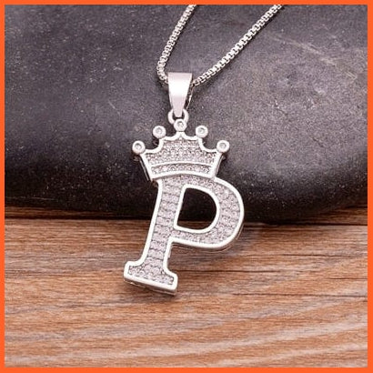 Luxury 26 Letters With Crown Cubic Zircon Pendant Necklace For Women | Gold Color Initials Of Name Necklace | whatagift.com.au.