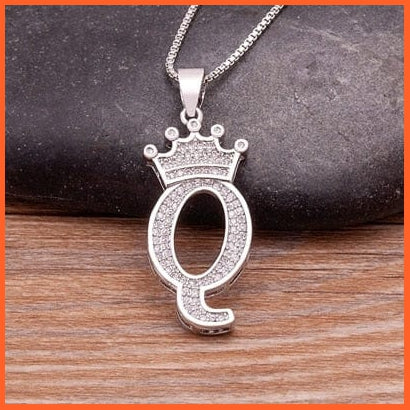 Luxury 26 Letters With Crown Cubic Zircon Pendant Necklace For Women | Gold Color Initials Of Name Necklace | whatagift.com.au.