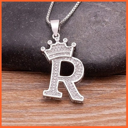 Luxury 26 Letters With Crown Cubic Zircon Pendant Necklace For Women | Gold Color Initials Of Name Necklace | whatagift.com.au.