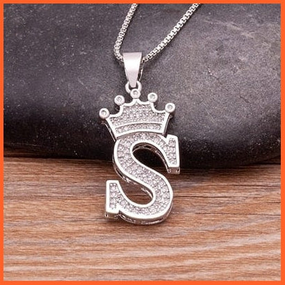 Luxury 26 Letters With Crown Cubic Zircon Pendant Necklace For Women | Gold Color Initials Of Name Necklace | whatagift.com.au.