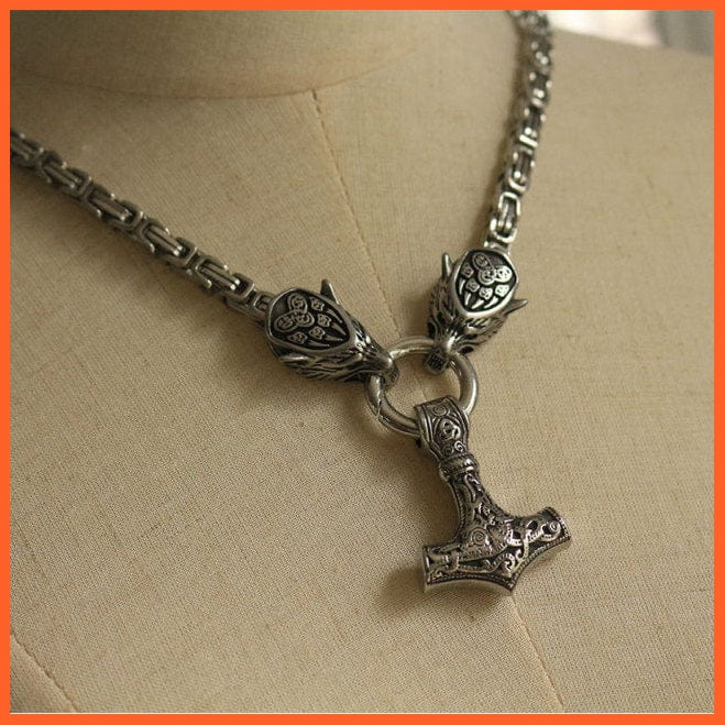 Viking Wolf Head With Thor'S Hammer Mjolnir Alloy Pendant Necklace | whatagift.com.au.