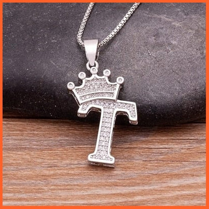 Luxury 26 Letters With Crown Cubic Zircon Pendant Necklace For Women | Gold Color Initials Of Name Necklace | whatagift.com.au.