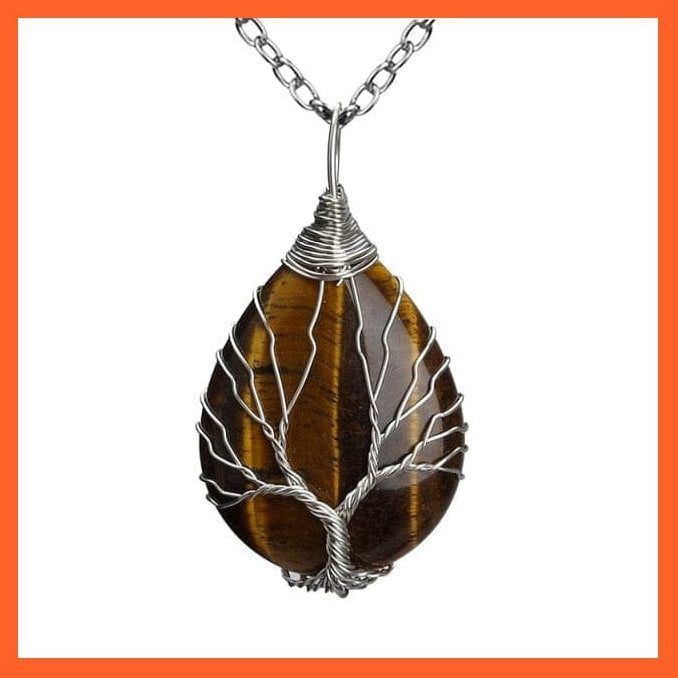 whatagift.com.au Necklaces Tiger Eye-B Silver Color Wire Wrap Natural Stone Crystal Raw Tree Of Life Necklace