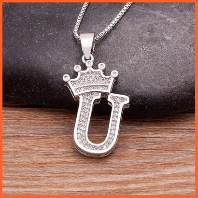 Luxury 26 Letters With Crown Cubic Zircon Pendant Necklace For Women | Gold Color Initials Of Name Necklace | whatagift.com.au.