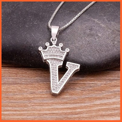 Luxury 26 Letters With Crown Cubic Zircon Pendant Necklace For Women | Gold Color Initials Of Name Necklace | whatagift.com.au.