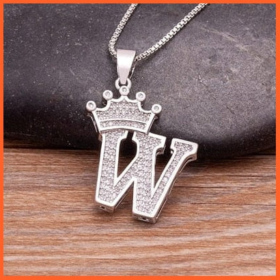 Luxury 26 Letters With Crown Cubic Zircon Pendant Necklace For Women | Gold Color Initials Of Name Necklace | whatagift.com.au.