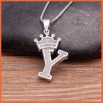 Luxury 26 Letters With Crown Cubic Zircon Pendant Necklace For Women | Gold Color Initials Of Name Necklace | whatagift.com.au.