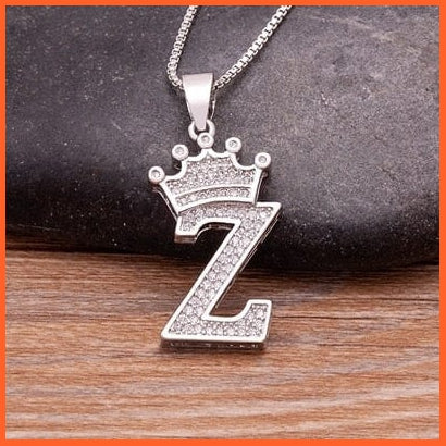 Luxury 26 Letters With Crown Cubic Zircon Pendant Necklace For Women | Gold Color Initials Of Name Necklace | whatagift.com.au.