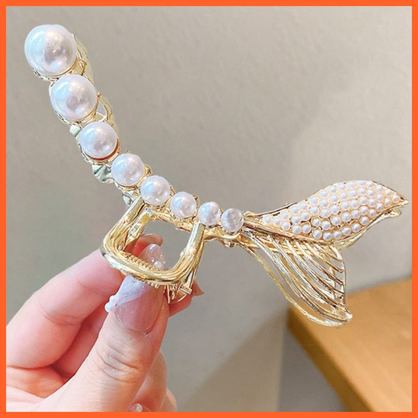whatagift.com.au No.14 681420 / China / One Size Pearl Hair Claw Clip Set  for Women | Gold Color Metal Hairpins | Geometric Hollow Pincer Barrette Crystal Clip