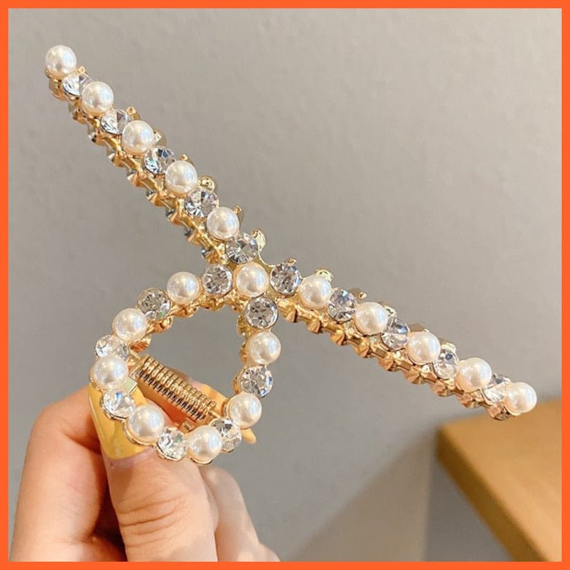 whatagift.com.au No.15 681421 / China / One Size Pearl Hair Claw Clip Set  for Women | Gold Color Metal Hairpins | Geometric Hollow Pincer Barrette Crystal Clip