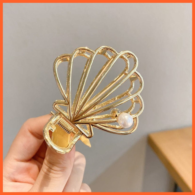 whatagift.com.au No.51 681404 / China / One Size Pearl Hair Claw Clip Set  for Women | Gold Color Metal Hairpins | Geometric Hollow Pincer Barrette Crystal Clip
