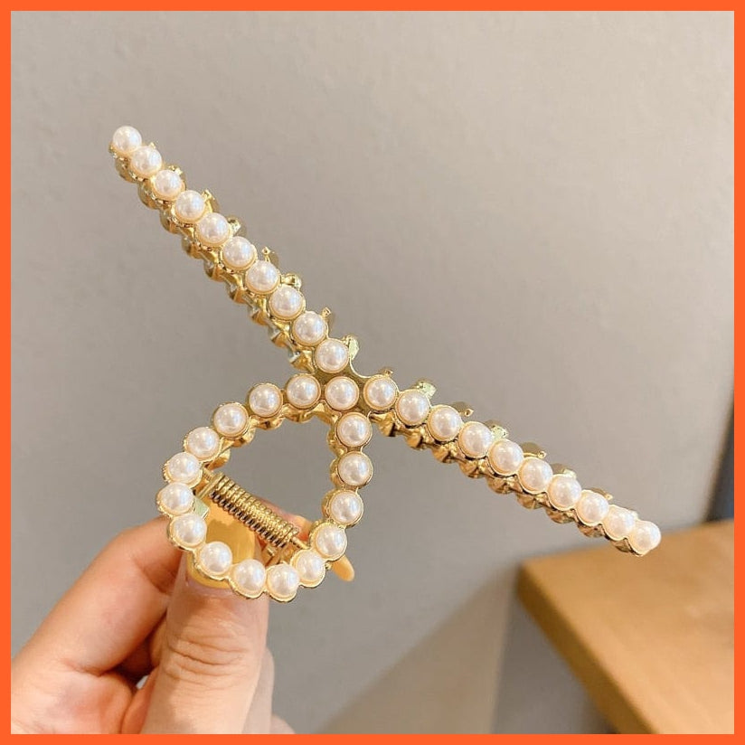 whatagift.com.au No.57 681414 / China / One Size Pearl Hair Claw Clip Set  for Women | Gold Color Metal Hairpins | Geometric Hollow Pincer Barrette Crystal Clip