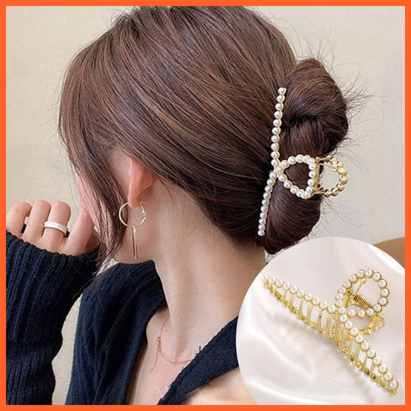 whatagift.com.au No.6 681414 / China / One Size Pearl Hair Claw Clip Set  for Women | Gold Color Metal Hairpins | Geometric Hollow Pincer Barrette Crystal Clip